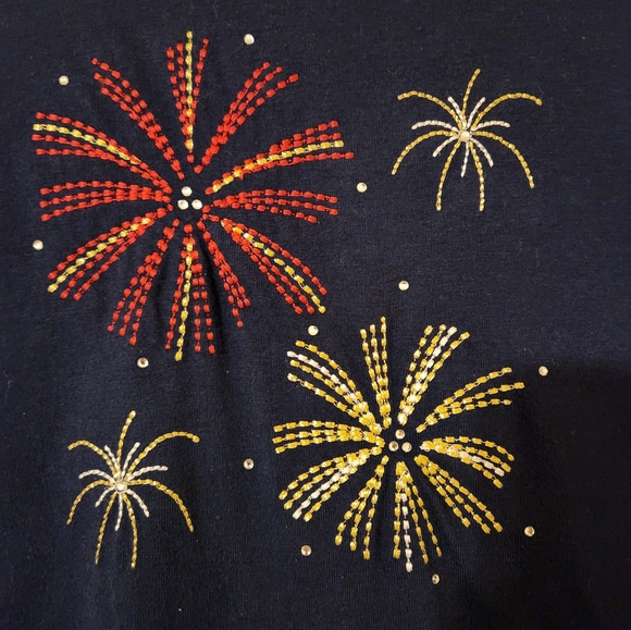 Studio Works Woman 1X Fireworks Embroidered Bling Navy Tshirt - Picture 3 of 5